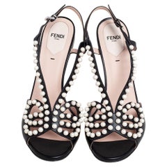 Fendi Black Leather Faux Pearl Embellished Slingback Sandals Size 39.5