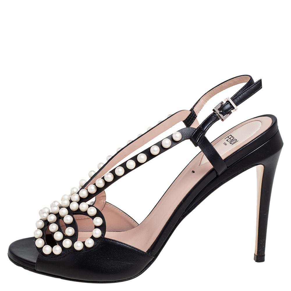 Women's Fendi Black Leather Faux Pearl Embellished Slingback Sandals Size 39.5