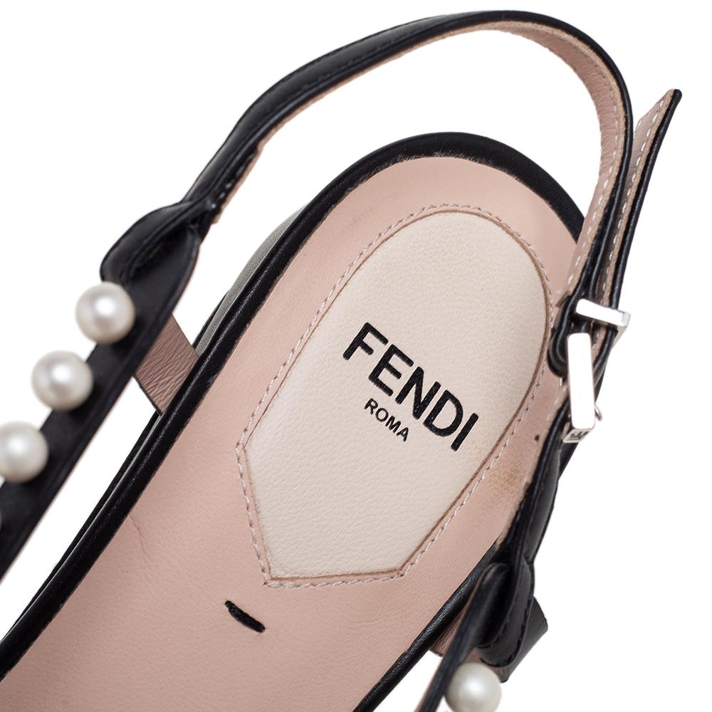 Fendi Black Leather Faux Pearl Embellished Slingback Sandals Size 39.5 1