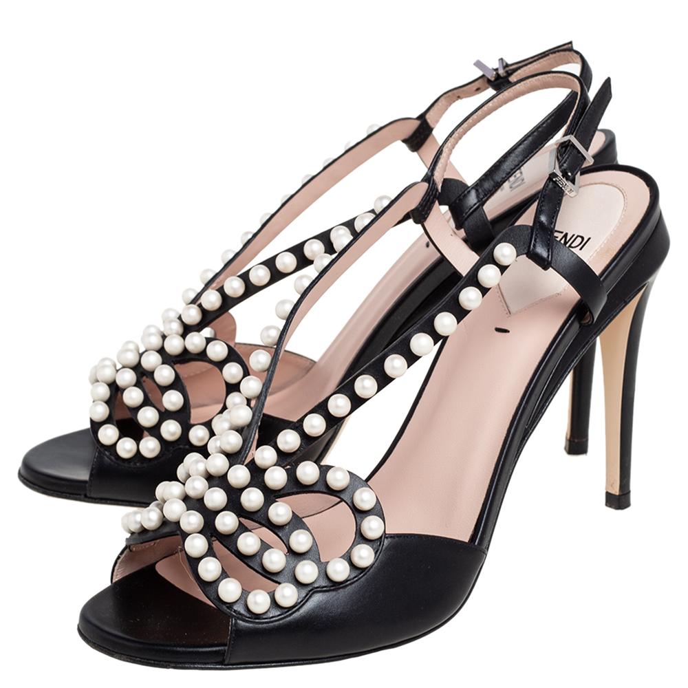Fendi Black Leather Faux Pearl Embellished Slingback Sandals Size 39.5 2