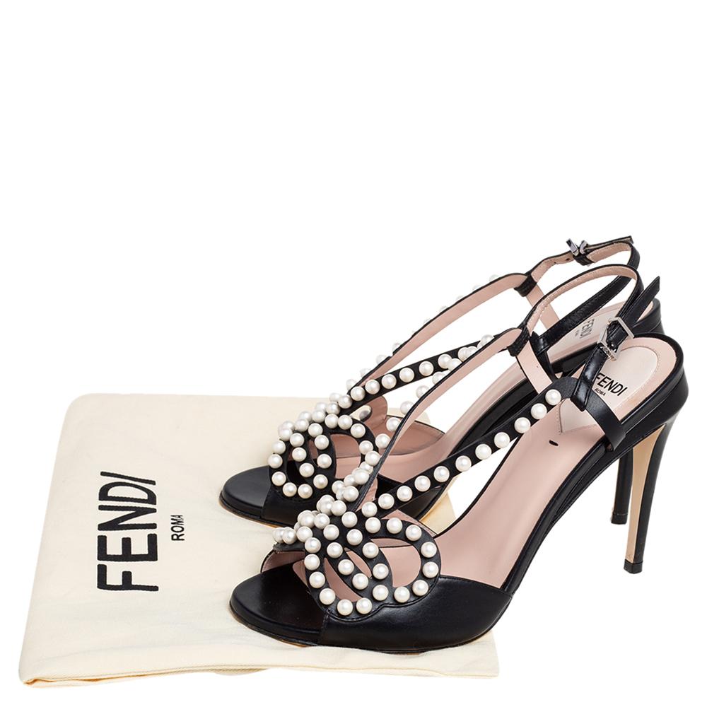 Fendi Black Leather Faux Pearl Embellished Slingback Sandals Size 39.5 3