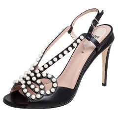 Fendi Black Leather Faux Pearl Embellished Slingback Sandals Size 39.5
