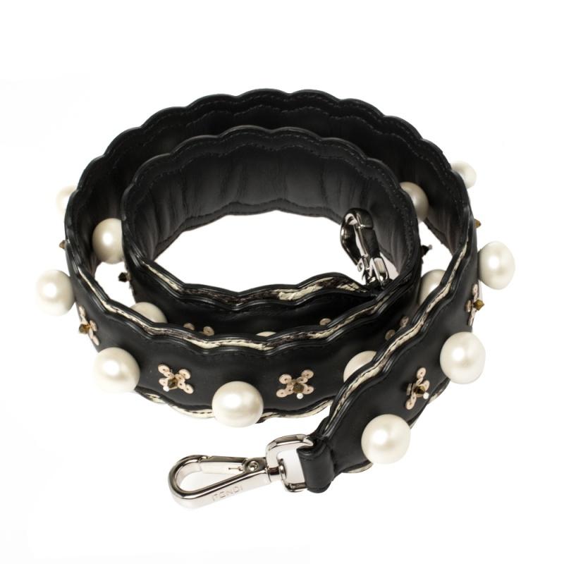 Fendi Black Leather Faux Pearl Embellished Strap You Bag Strap In New Condition In Dubai, Al Qouz 2