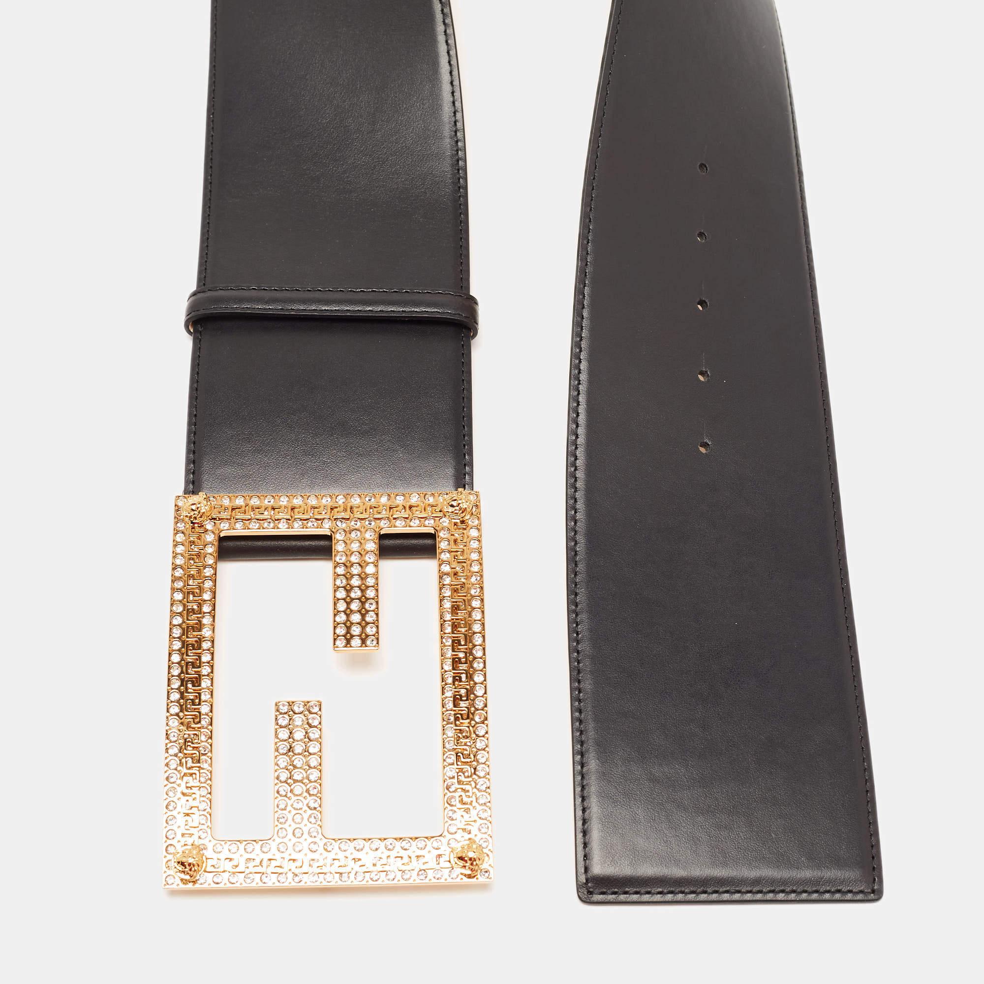 Women's Fendi Black Leather Fendace Crystals Embellished Wide Belt 85CM