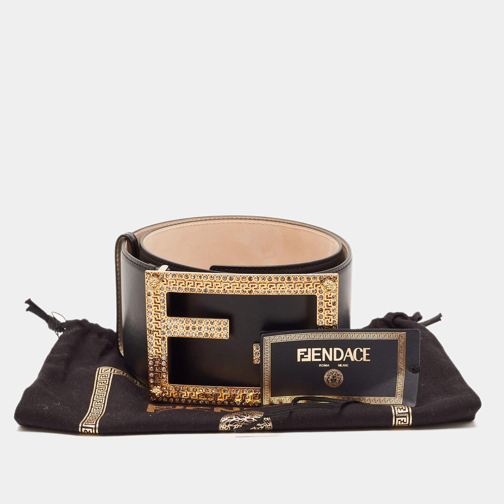 Fendi Black Leather Fendace Crystals Embellished Wide Belt 85CM 5