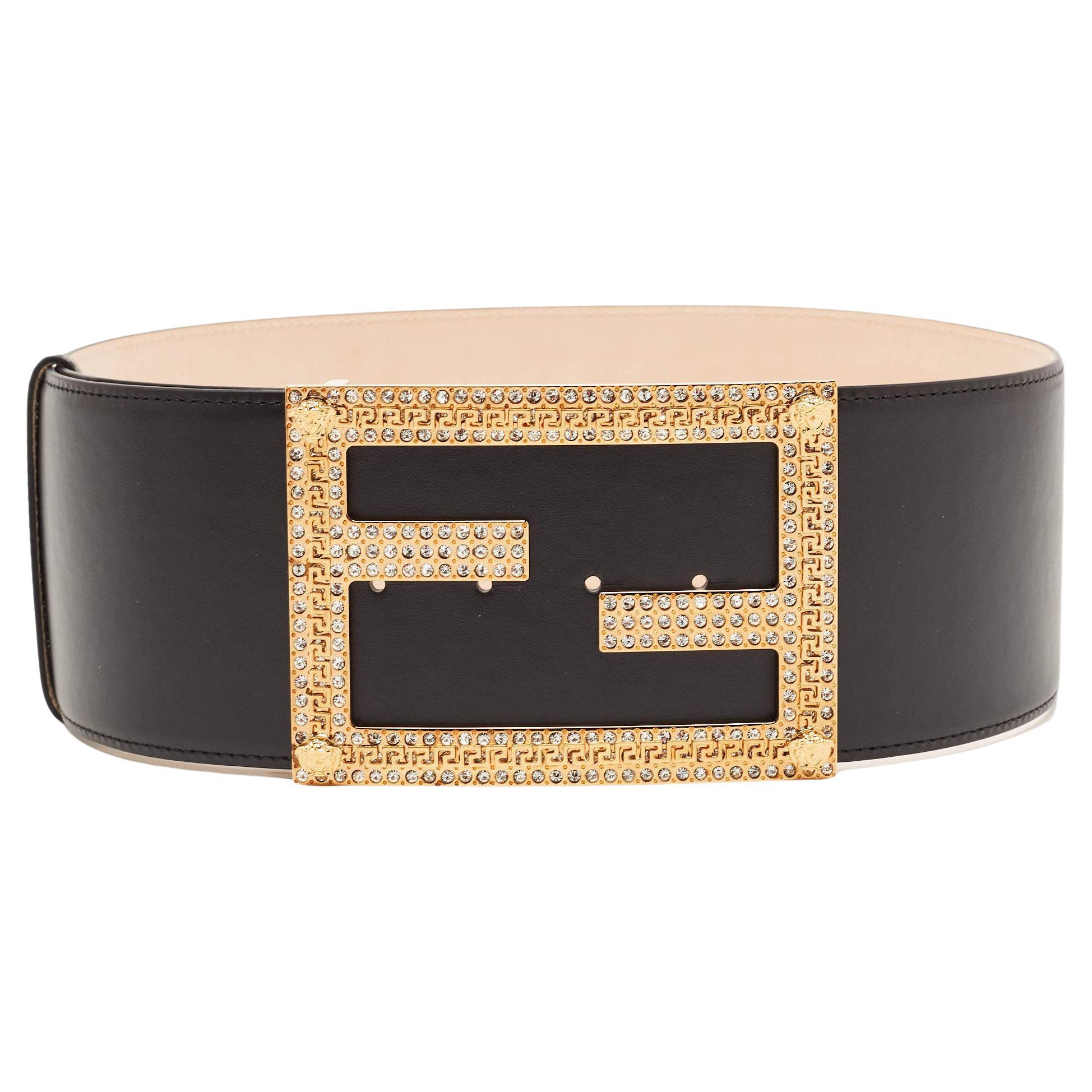 Fendi Black Leather Fendace Crystals Embellished Wide Belt 85CM