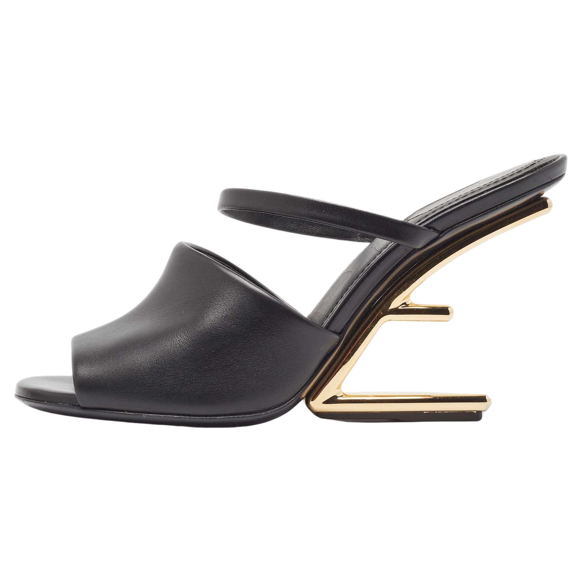 Fendi Black Leather Fendi First Slide Sandals Size 37 For Sale