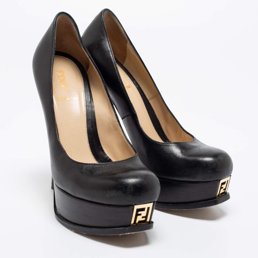 Women's Fendi Black Leather Fendista Platform Pumps Size 37.5