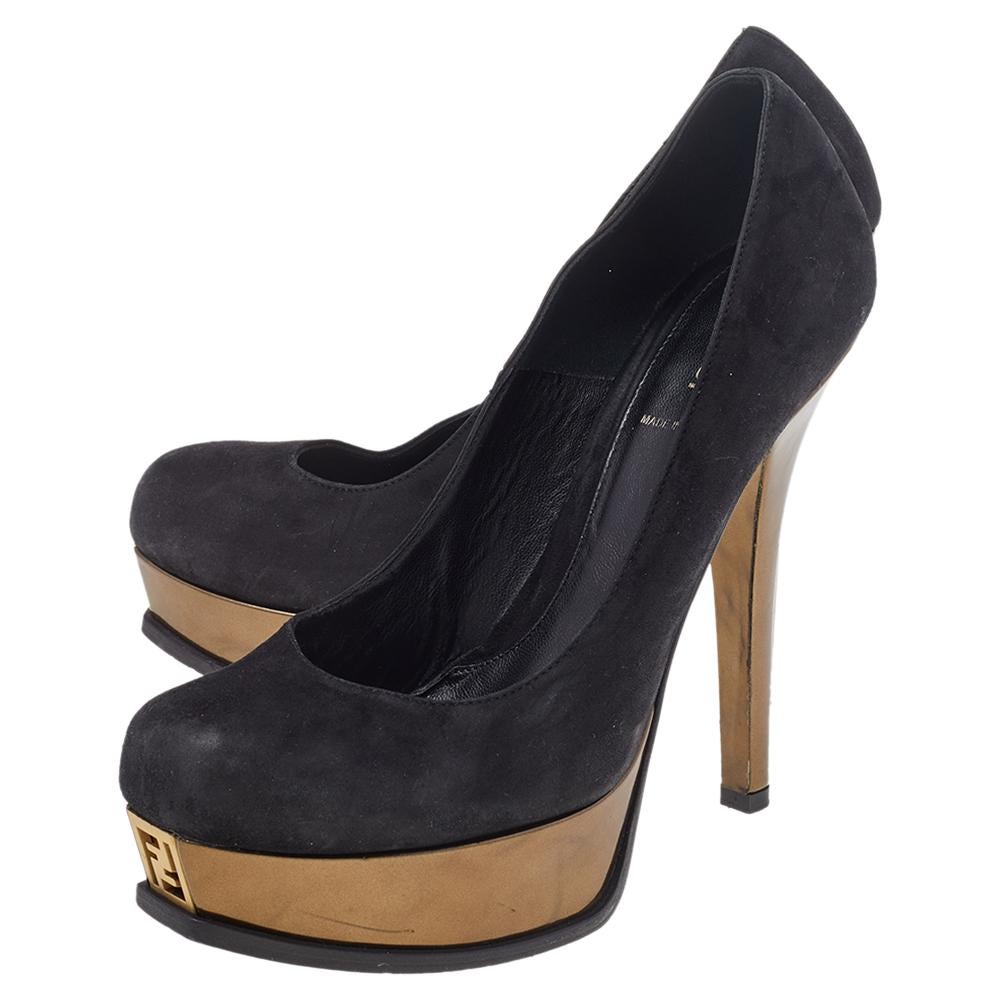 Fendi Black Leather Fendista Platform Pumps Size 40 In Good Condition For Sale In Dubai, Al Qouz 2