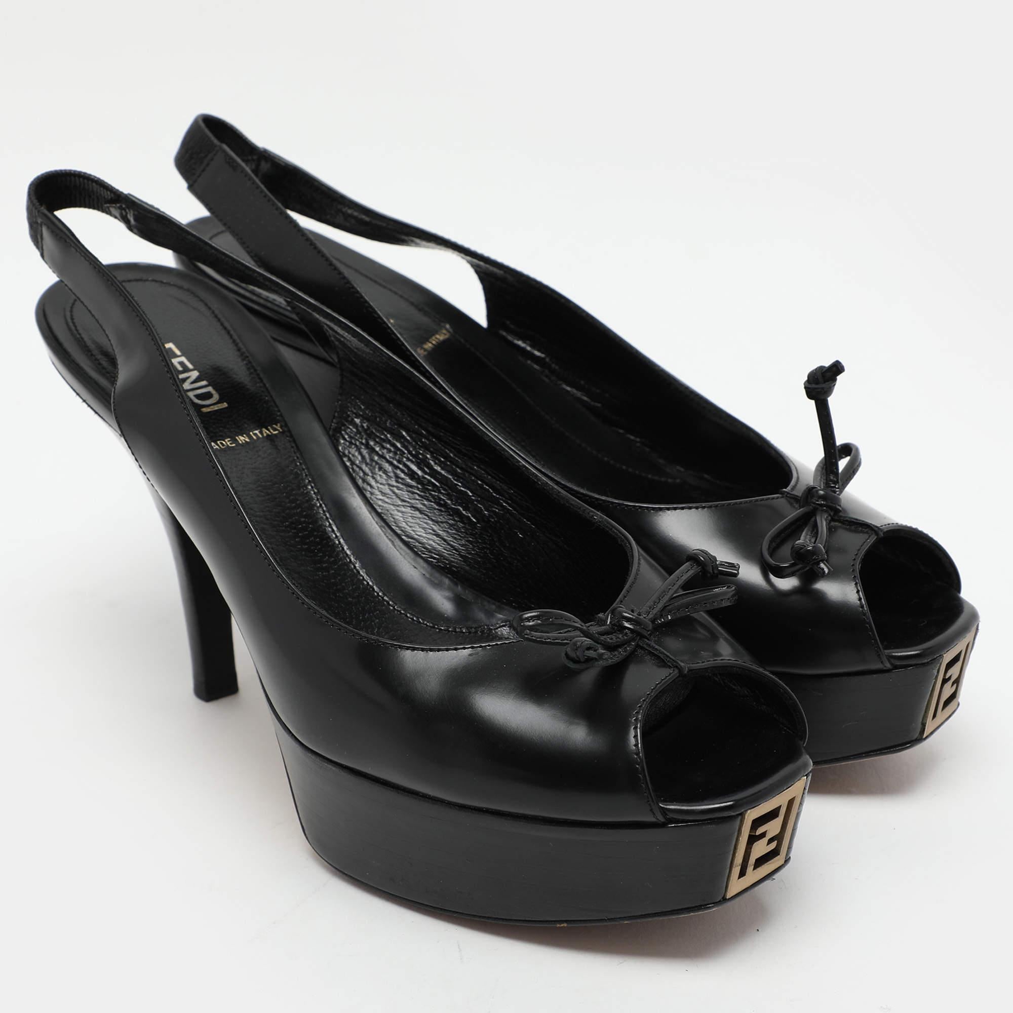 Women's Fendi Black Leather Fendista Platform Slingback Pumps Size 38 For Sale