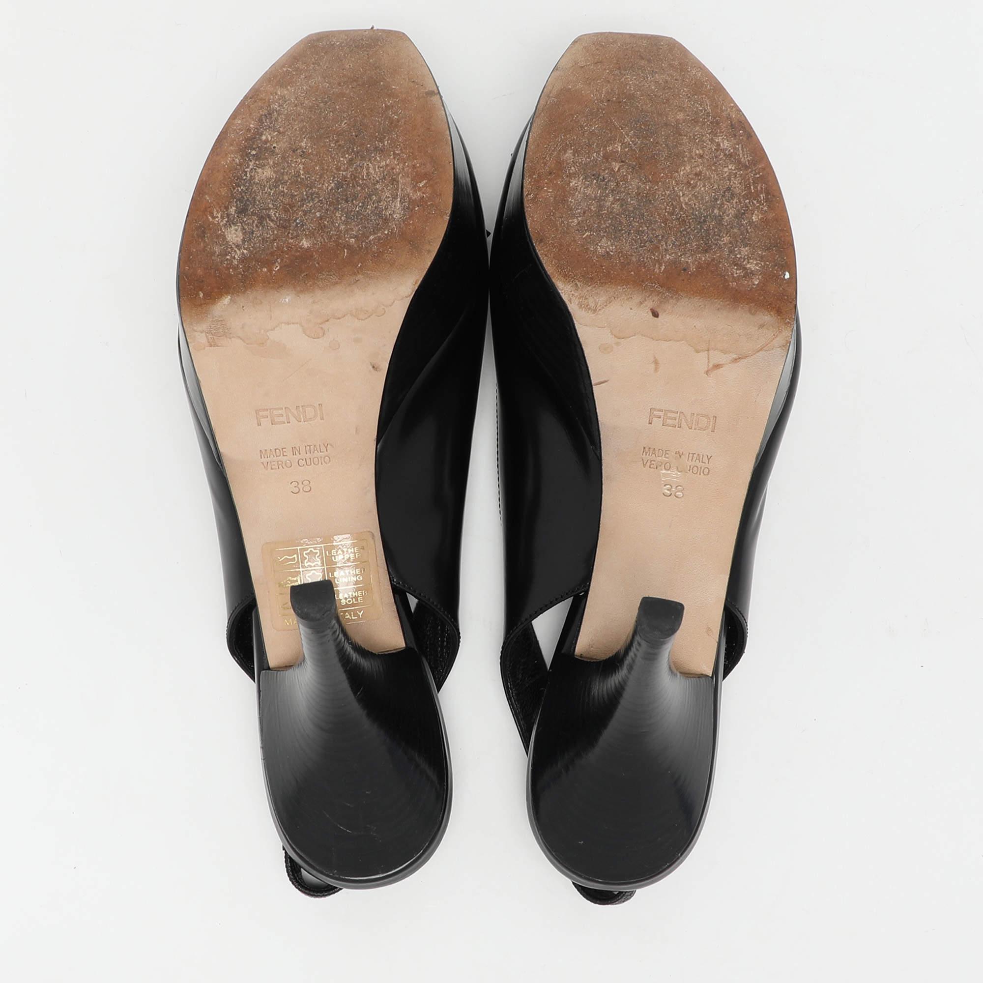Fendi Black Leather Fendista Platform Slingback Pumps Size 38 For Sale 2