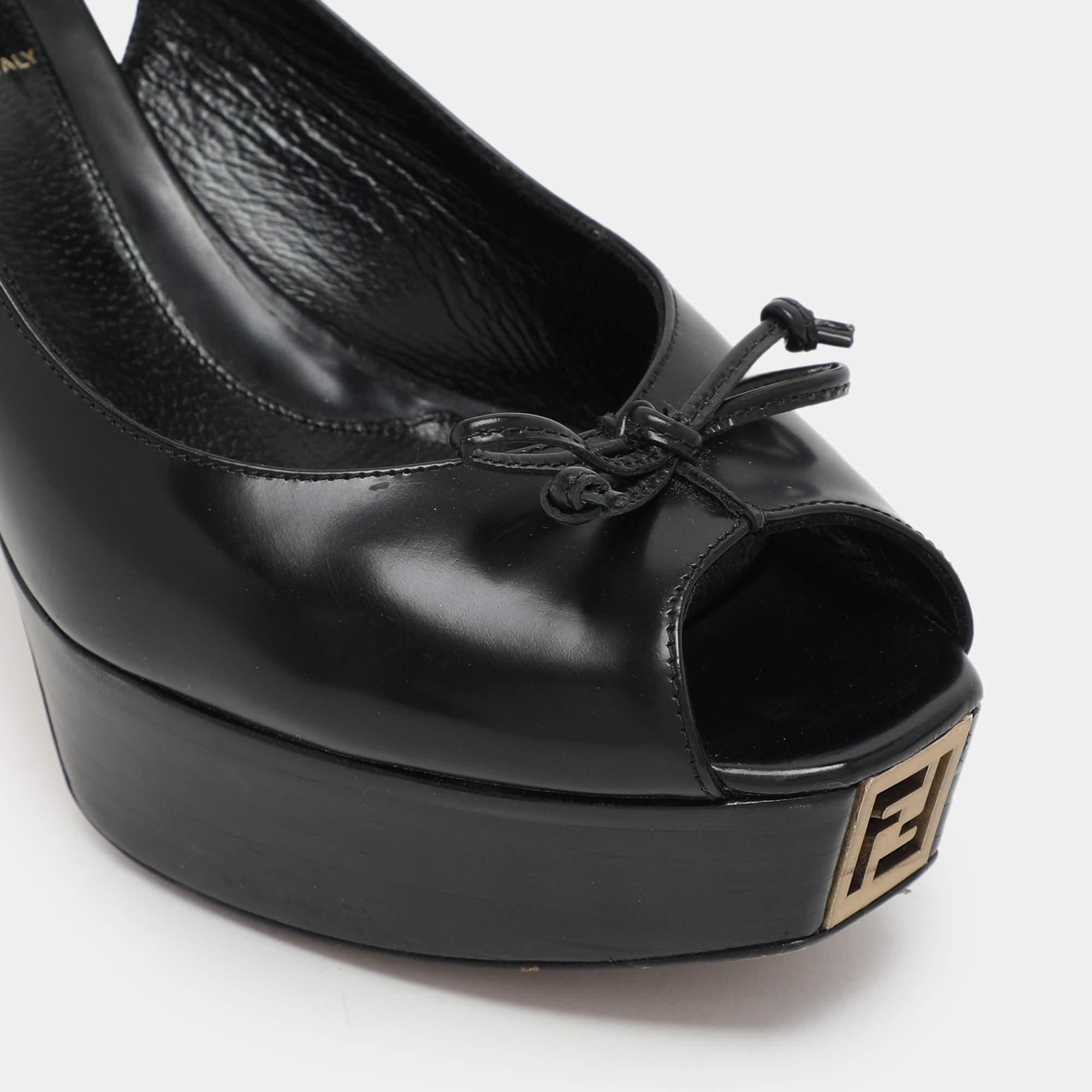 Fendi Black Leather Fendista Platform Slingback Pumps Size 38 For Sale 3