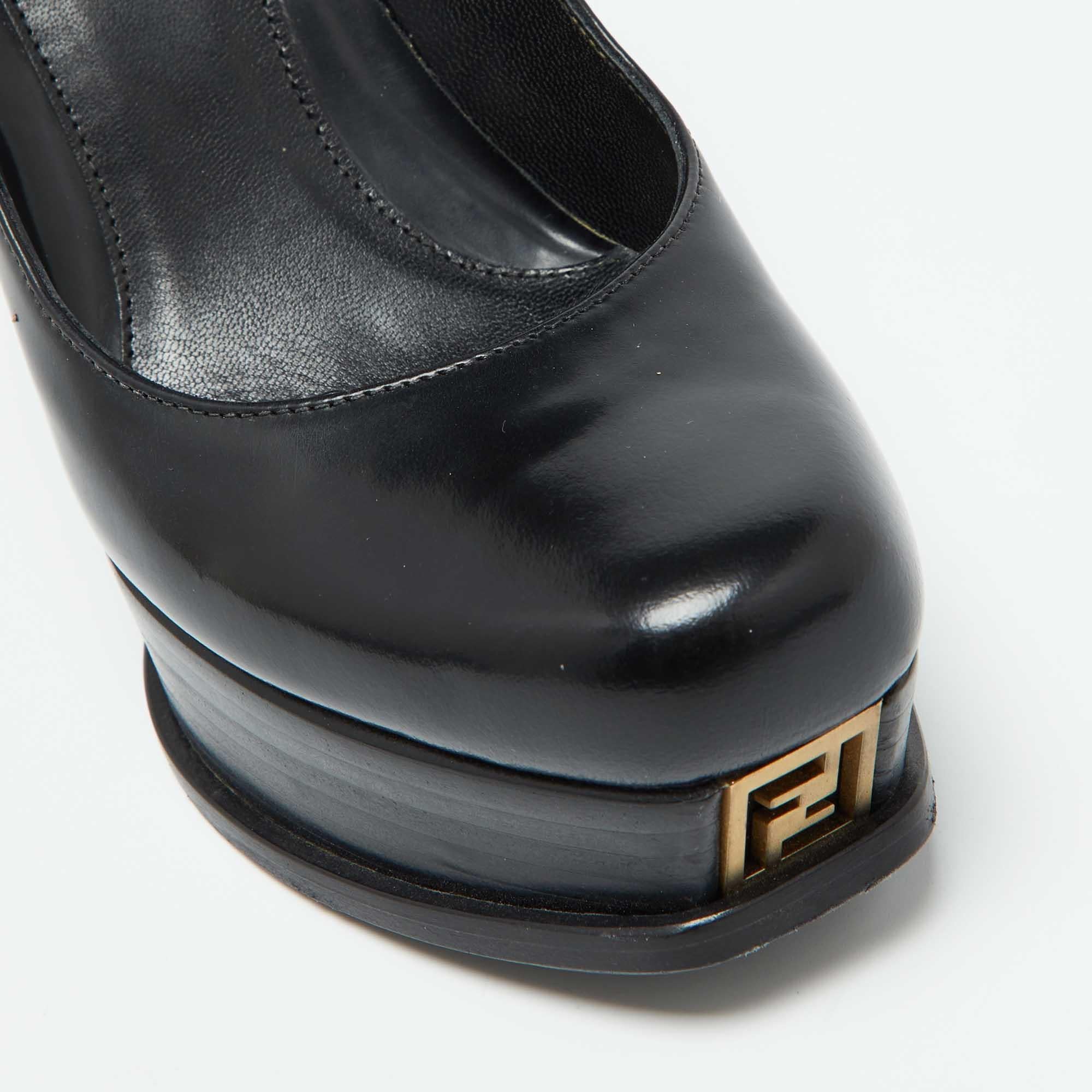 Fendi Black Leather Fendista Platform Wedge Pumps Size 37 For Sale 3