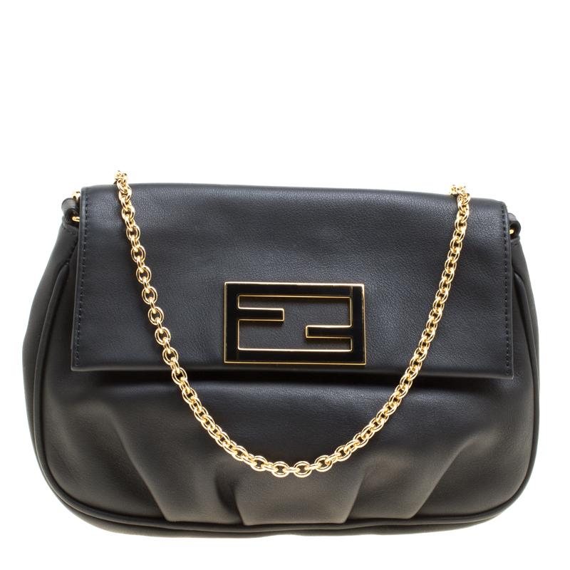 Fendi Black Leather Fendista Pochette Crossbody Bag