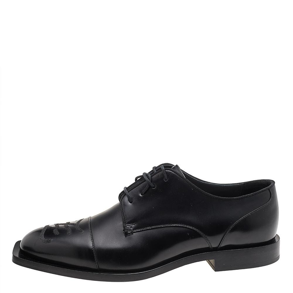 Fendi Black Leather FF Karligraphy Cap Toe Lace Up Derby Size 43 1
