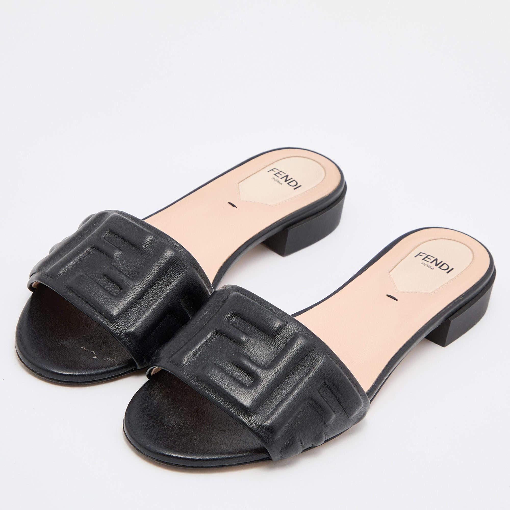 Women's Fendi Black Leather FF Motif Slip On Sandals Size 36