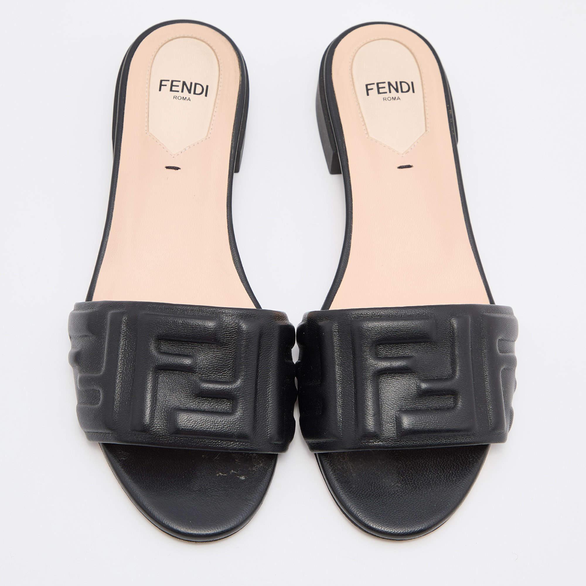 Fendi Black Leather FF Motif Slip On Sandals Size 36 1