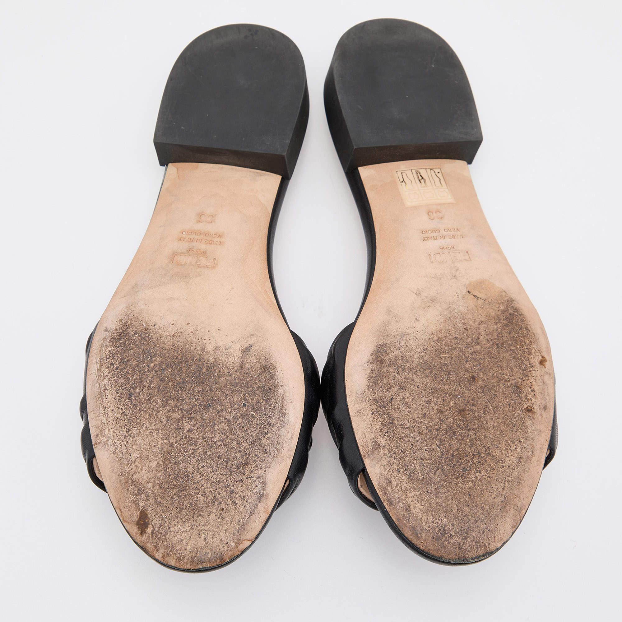 Fendi Black Leather FF Motif Slip On Sandals Size 36 2