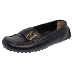 Fendi Black Leather FF Slip On Loafers Size 38.5