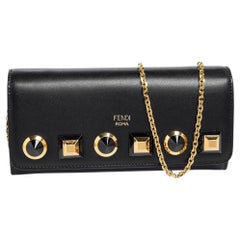 Fendi Black Leather Flap Studded Wallet On Chain