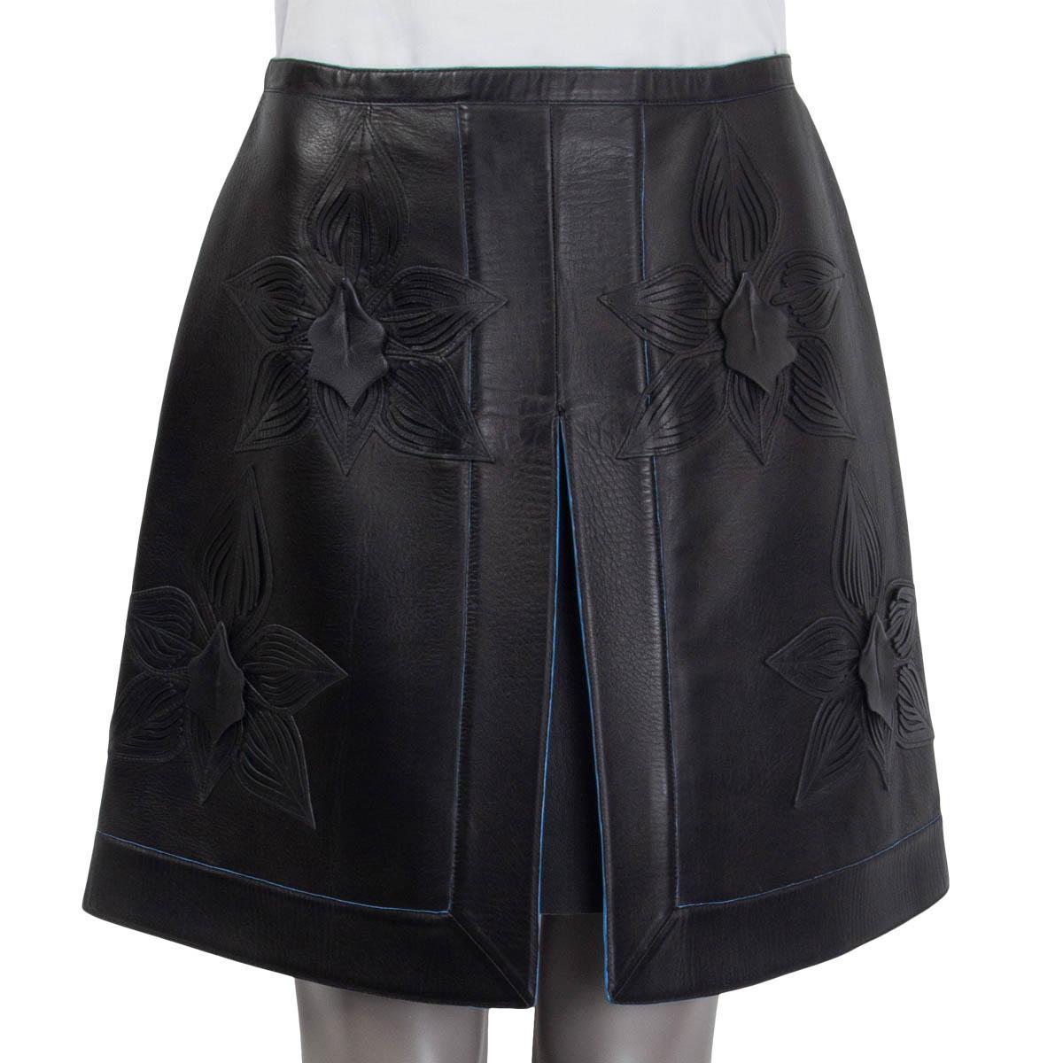 Black FENDI black leather FLORAL A-LINE Skirt 42 M