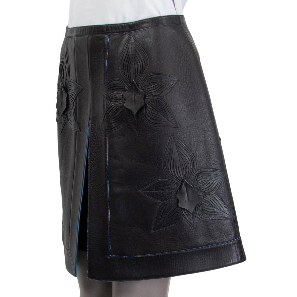 FENDI black leather FLORAL A-LINE Skirt 42 M In Excellent Condition In Zürich, CH