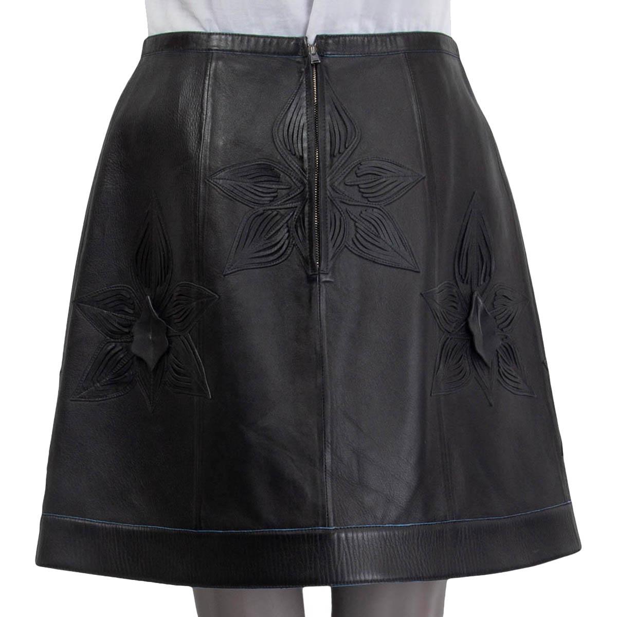Women's FENDI black leather FLORAL A-LINE Skirt 42 M