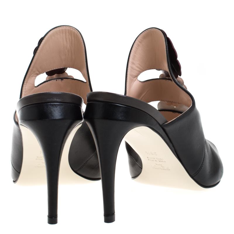 Women's Fendi Black Leather Floral Appliqué Mule Sandals Size 39.5