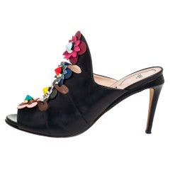 Fendi Black Leather Floral Applique Mule Sandals Size 41