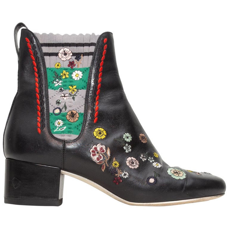 Fendi Black Leather Floral Embroidered Sock Boots For Sale at 1stDibs