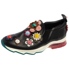 Fendi Black Leather Flower-Embellished Sneakers Size 38