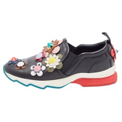 Used Fendi Black Leather Flowerland Embellished Slip On Sneakers Size 35