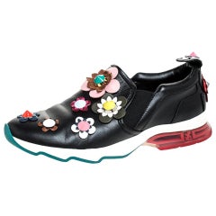 Fendi Black Leather Flowerland Fast Slip On Sneakers Size 40