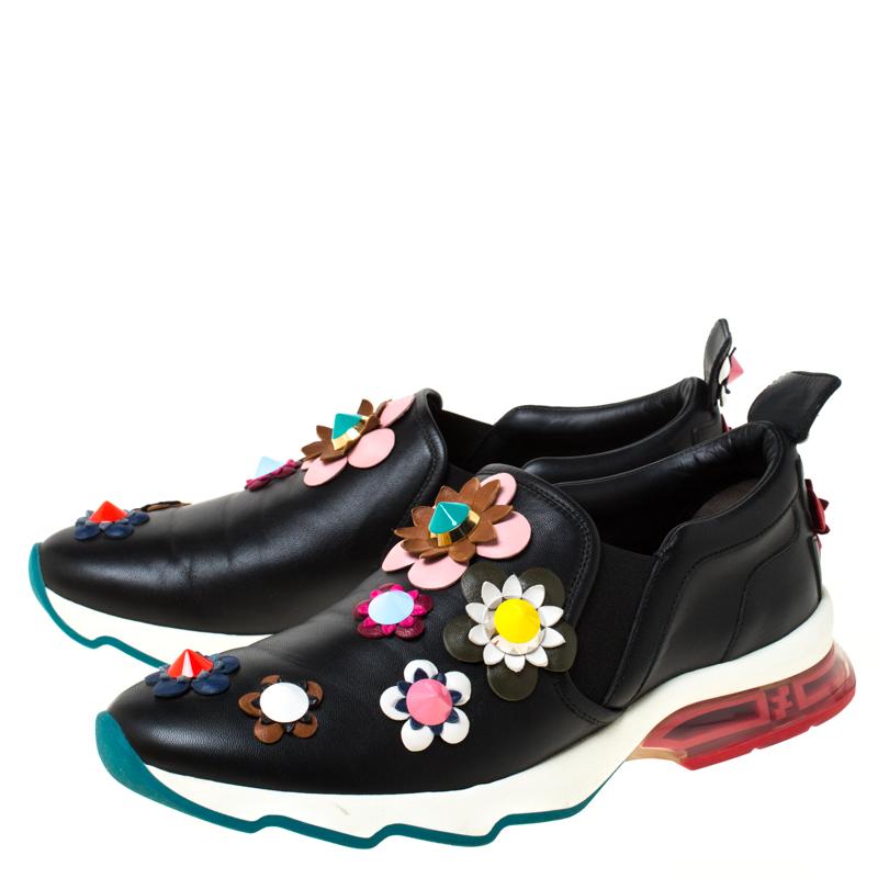 Fendi Black Leather Flowerland Ffast Slip On Sneakers Size 40 For Sale 1