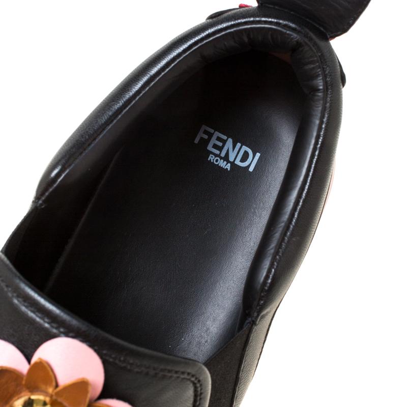 Fendi Black Leather Flowerland Ffast Slip On Sneakers Size 40 For Sale 2