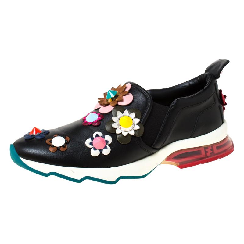 Fendi Black Leather Flowerland Ffast Slip On Sneakers Size 40 For Sale