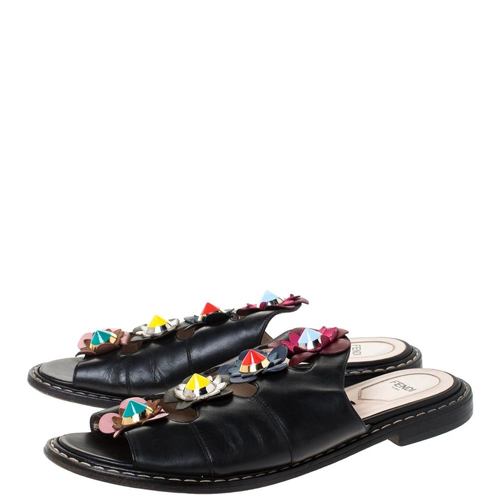 Fendi Black Leather Flowerland Slide Sandals Size 39 1