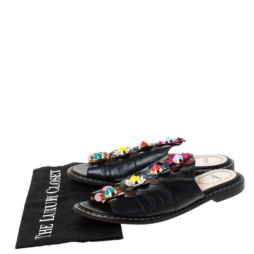 Fendi Black Leather Flowerland Slide Sandals Size 39 2