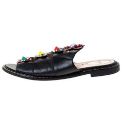 Fendi Black Leather Flowerland Slide Sandals Size 39