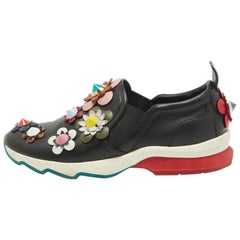 Fendi Black Leather Flowerland Slip On Sneakers Size 38