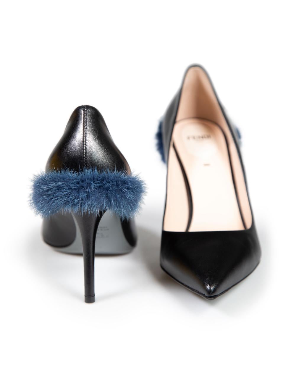 Fendi Black Leather Fur Trimmed Pointed Toe Heels Size IT 40 In Excellent Condition In London, GB