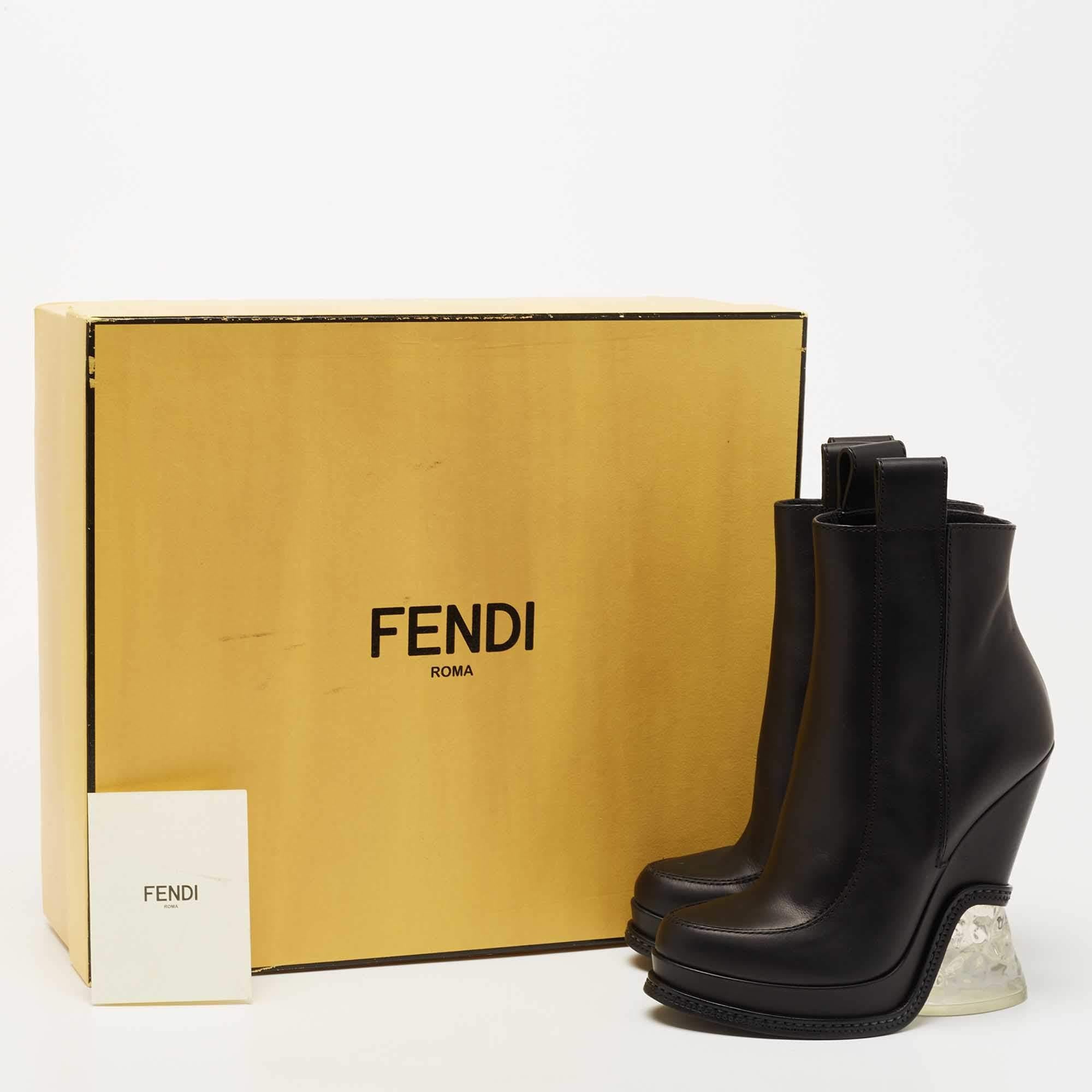 Fendi Black Leather Ice Heel Ankle Boots Size 36 5