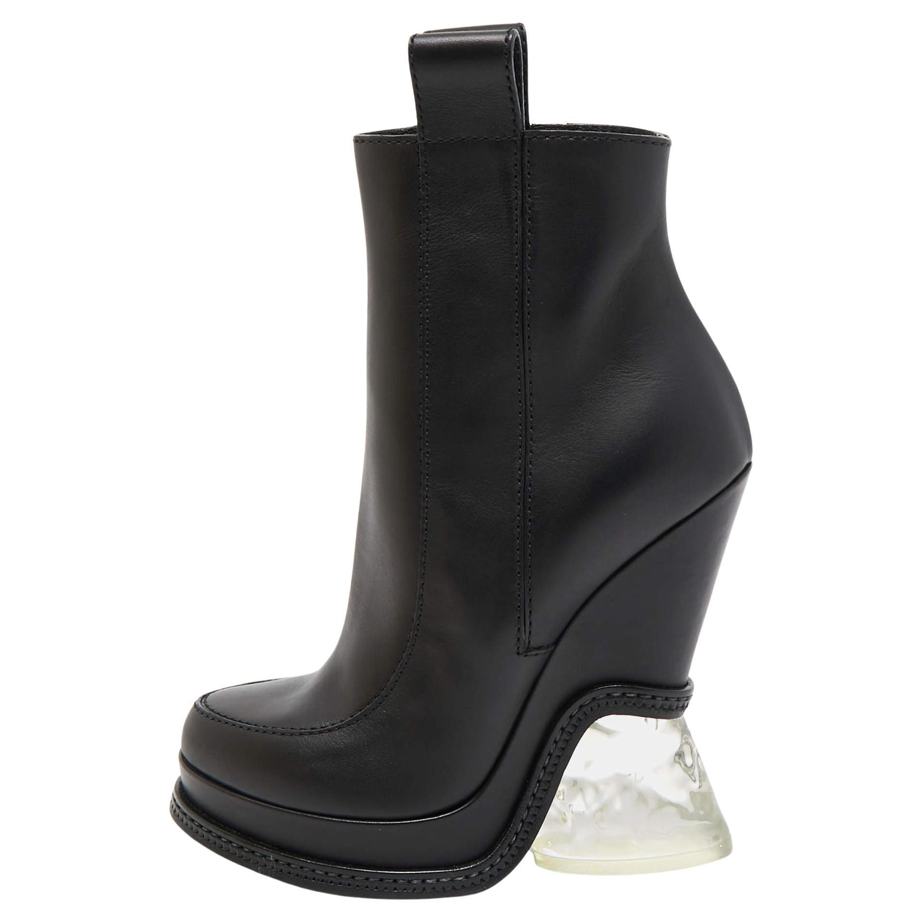 Fendi Black Leather Ice Heel Ankle Boots Size 36 For Sale