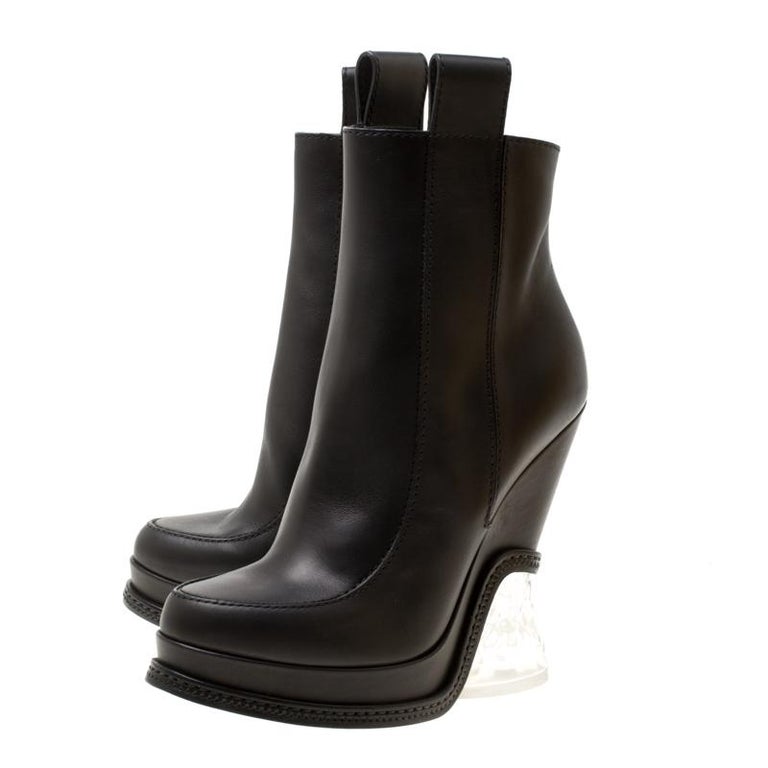 Fendi Black Leather Ice Heel Wedge Ankle Boots Size 36 For Sale at 1stDibs