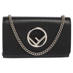 Fendi Black Leather Kan I F Wallet On Chain Clutch