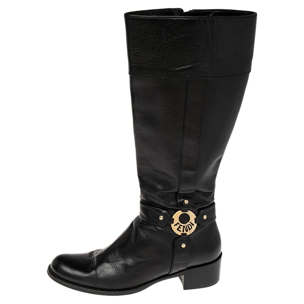 Fendi Black Leather Knee High Boots Size 39 In Good Condition In Dubai, Al Qouz 2