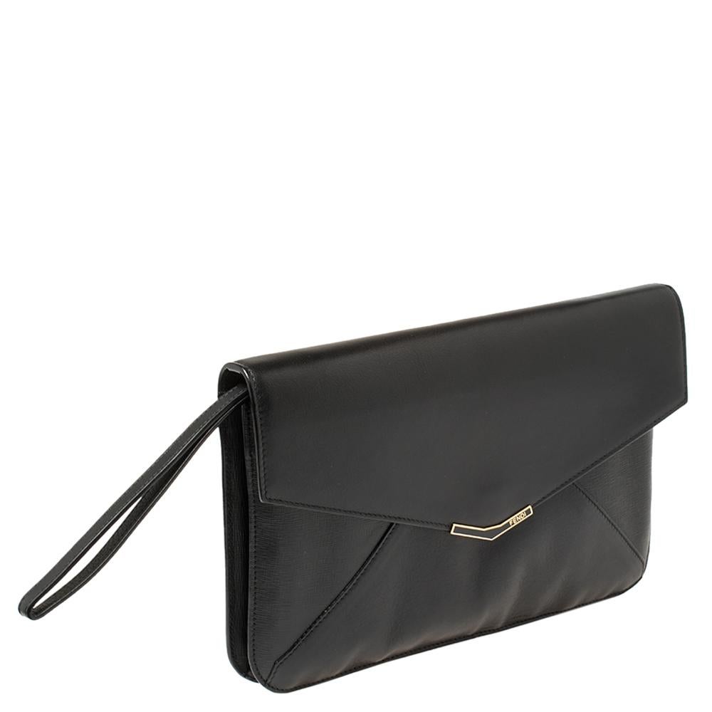 Women's Fendi Black Leather Large 2Jours Wrislet Envelope Clutch
