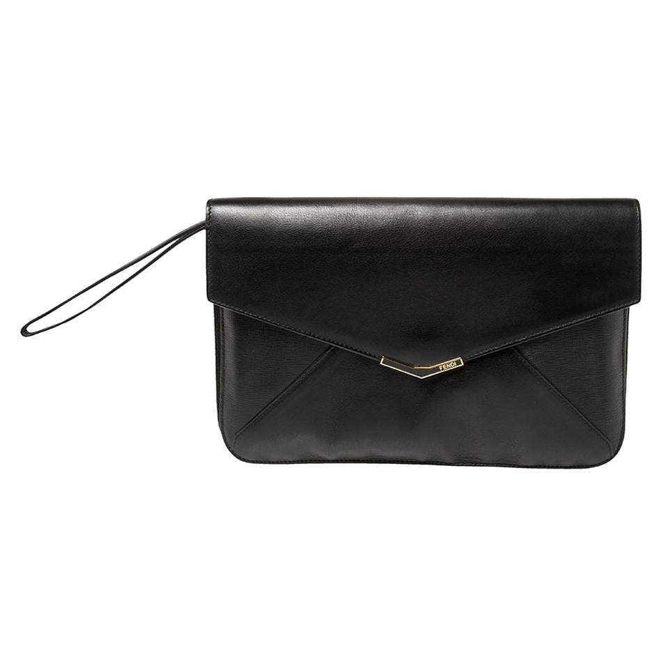 Fendi Black Leather Large 2Jours Wrislet Envelope Clutch