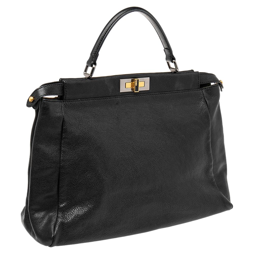 Women's Fendi Black Leather Large Peekaboo Top Handle Bag