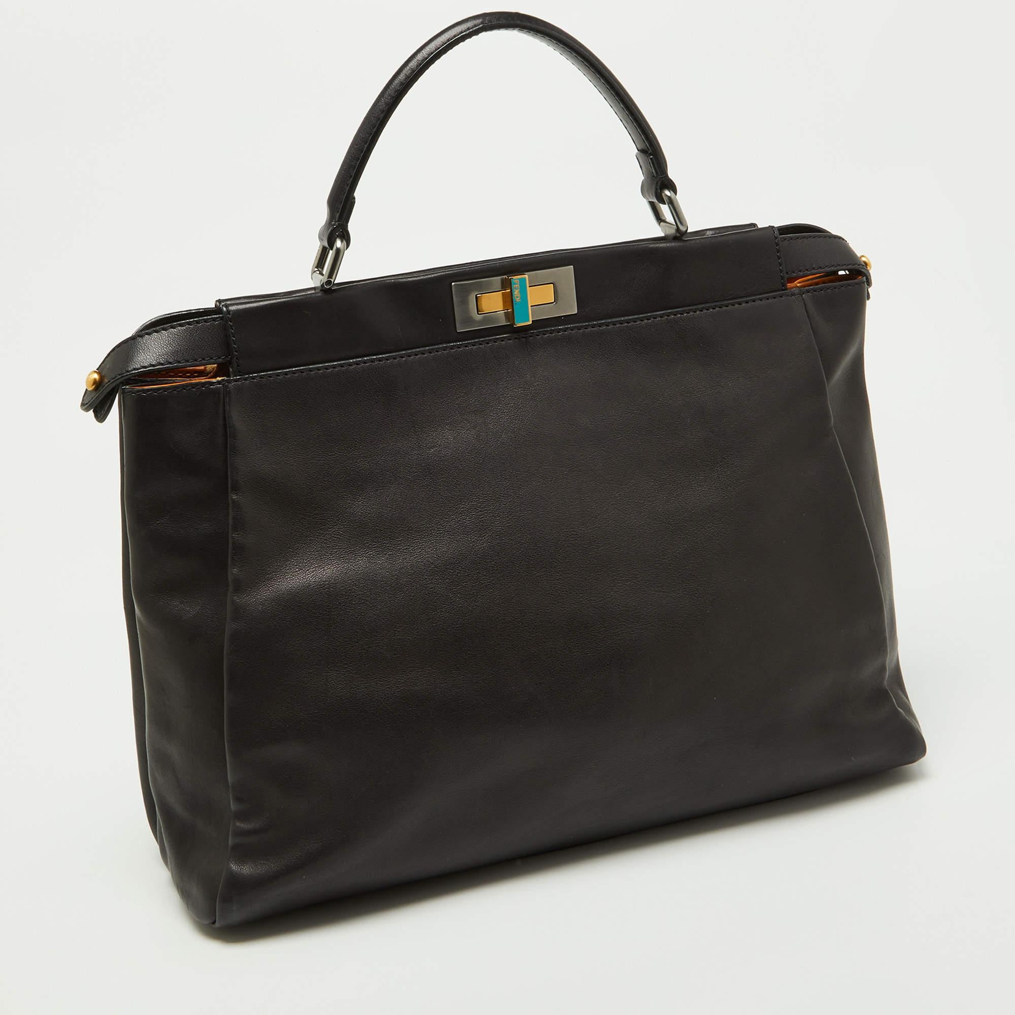 Women's Fendi Black Leather Large Peekaboo Top Handle Bag